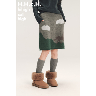 HHCH口海 SS26 马年新品羊毛混纺撞色提花松紧腰针织一步裙半身裙