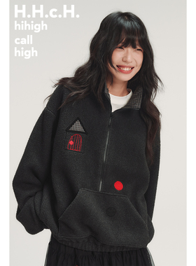 HHCH口海 AW25 彩色房子撞色格纹立体贴布绣半开领宽松摇粒绒卫衣