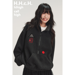 HHCH口海 彩色房子撞色格纹立体贴布绣半开领宽松摇粒绒卫衣 AW25