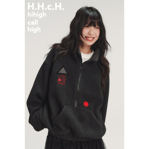 HHCH口海 AW25 彩色房子撞色格纹立体贴布绣半开领宽松摇粒绒卫衣
