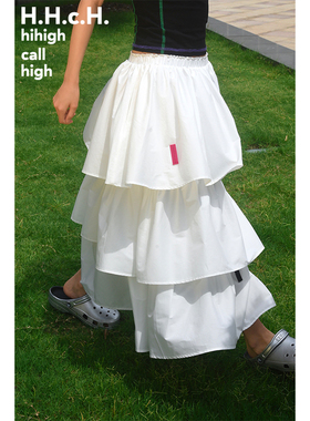 HHCH口海 25SS 浪漫休闲松紧腰中长款白色A字蛋糕半裙