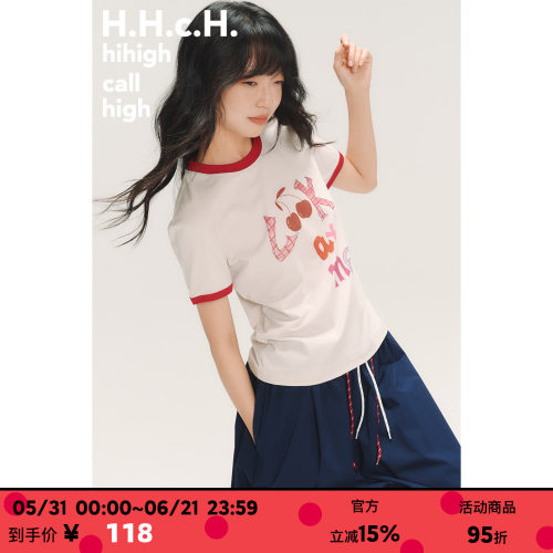 HHCH口海 SS26 手绘英文字母印花撞色圆领拼接正肩直筒短袖T恤