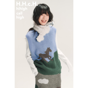 HHCH口海 SS26 马年新品羊毛混纺撞色提花宽松无袖针织马甲毛衣
