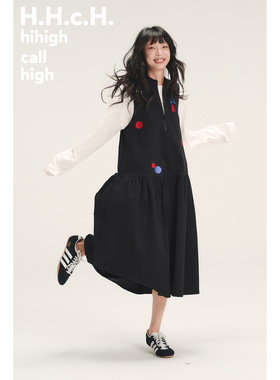 HHCH口海 AW25 彩色小房子波点绣花半开领黑色长款无袖连衣裙