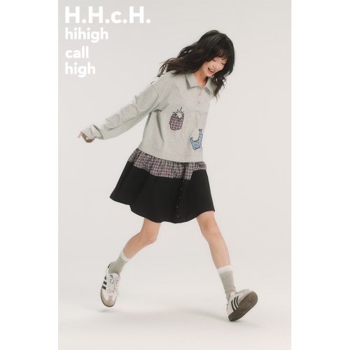 HHCH口海 AW25 手绘水果贴布绣格纹拼接假两件Polo领长袖连衣裙