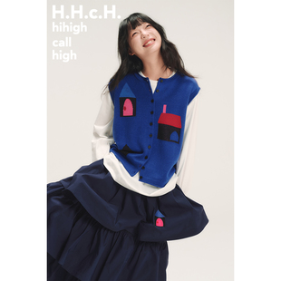 针织马甲毛衣 彩色房子提花羊毛混纺宝蓝色无袖 HHCH口海 AW25