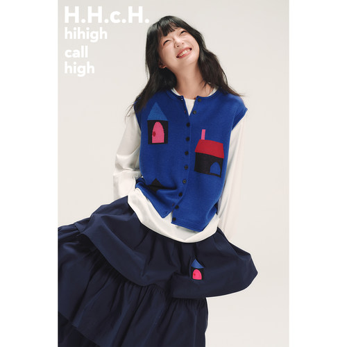 HHCH口海 AW25 彩色房子提花羊毛混纺宝蓝色无袖针织马甲毛衣