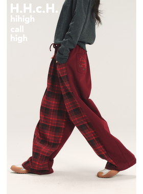 HHCH口海 马年撞色格纹拼接小马贴布绣松紧腰红色休闲阔腿长裤