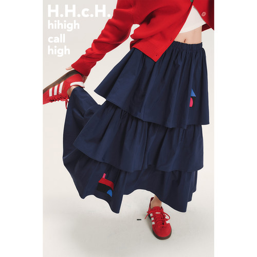 HHCH口海 AW25 彩色小房子绣花松紧腰藏青色重工蛋糕半裙蓬蓬裙