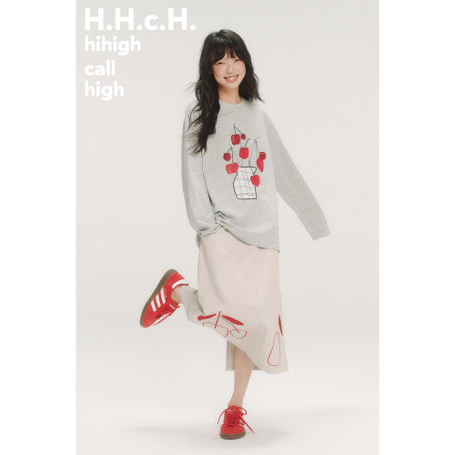 HHCH口海 AW25 手绘樱桃盆栽印花圆领宽松灰色长袖T恤