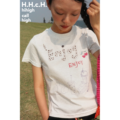 手绘涂鸦字母图案印花正肩t恤