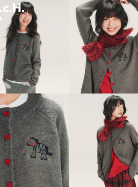 HHCH口海 SS26 马年小马绣花羊毛马海毛混纺插肩袖针织毛衣开衫