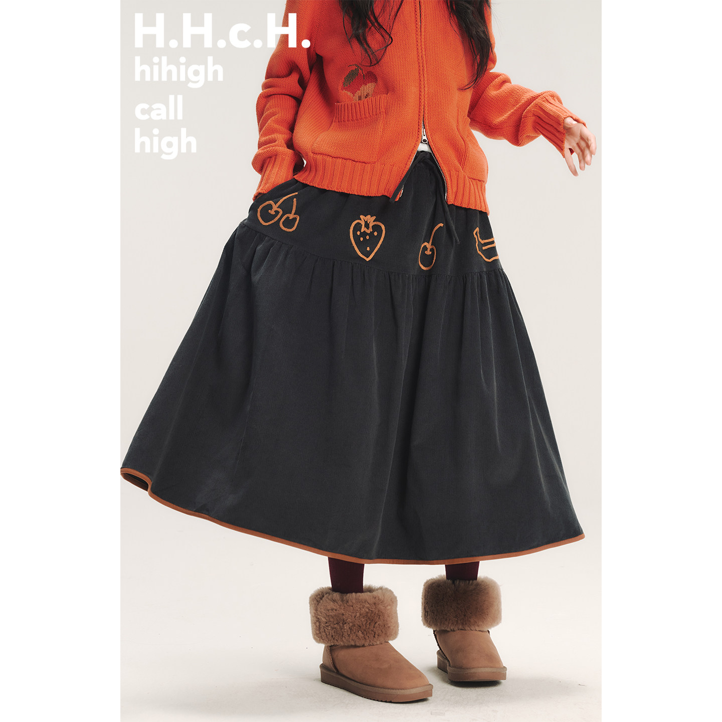 HHCH口海 AW25 手绘水果立体撞色链条绣松紧腰中长款灯芯绒半身裙