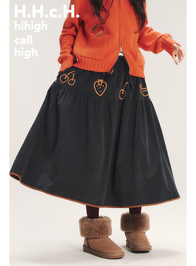 HHCH口海 AW25 手绘水果立体撞色链条绣松紧腰中长款灯芯绒半身裙