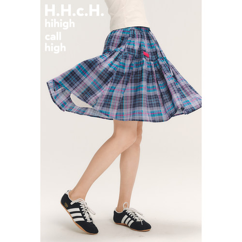HHCH口海 SS26 牛仔蓝撞色格纹松紧腰纯棉半身裙大摆裙