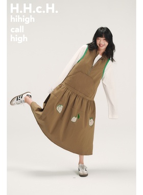 HHCH口海 AW25 手绘水果撞色贴布绣半开领卡其色长款无袖连衣裙