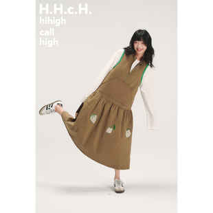无袖 手绘水果撞色贴布绣半开领卡其色长款 连衣裙 AW25 HHCH口海