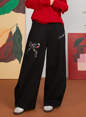 HHCH口海原创设计 复古色块蝴蝶结图案刺绣风琴褶宽松直筒长裤