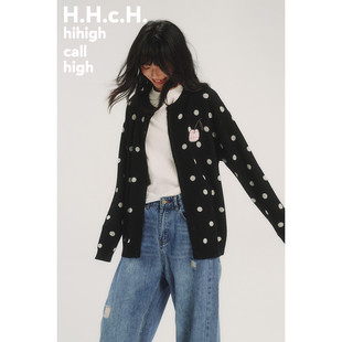 毛衣外套上衣 手绘樱桃绣花黑白波点针织开衫 HHCH口海 AW25