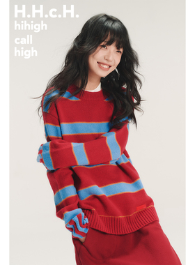 HHCH口海 AW25 原创撞色彩色条纹羊毛马海毛混纺圆领宽松红色毛衣