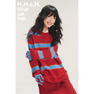 HHCH口海 原创撞色彩色条纹羊毛马海毛混纺圆领宽松红色毛衣 AW25