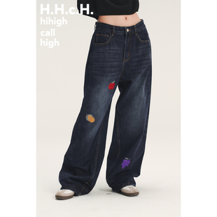 手绘水果绣花直筒宽松深色水洗牛仔长裤 HHCH口海 AW25