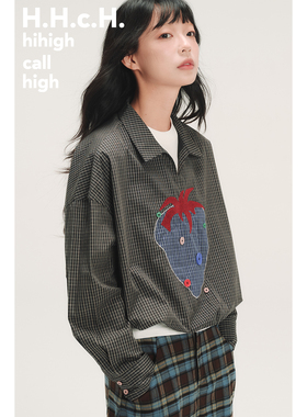 HHCH口海 AW25 手绘草莓格纹撞色贴布绣花苞下摆黑色格纹衬衫
