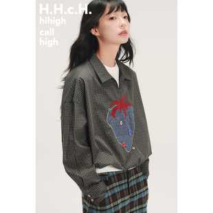 手绘草莓格纹撞色贴布绣花苞下摆黑色格纹衬衫 HHCH口海 AW25