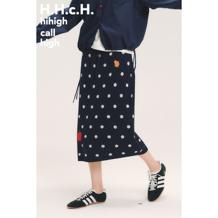 HHCH口海 AW26 花朵苹果绣花羊毛混纺松紧腰中长款波点针织半裙