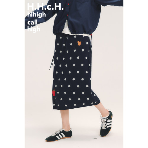 HHCH口海 AW26 花朵苹果绣花羊毛混纺松紧腰中长款波点针织半裙