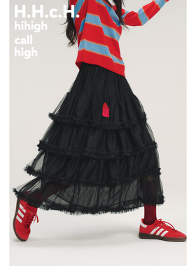 HHCH口海 AW25 彩色房子立体绣花松紧腰木耳边氛围感黑色蛋糕纱裙