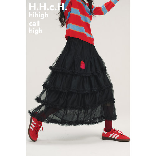 HHCH口海 AW25 彩色房子立体绣花松紧腰木耳边氛围感黑色蛋糕纱裙