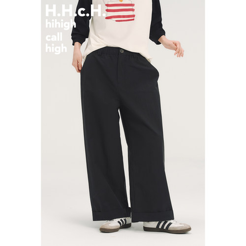 HHCH口海 SS26 红标松紧腰休闲宽松黑色直筒九分裤长裤