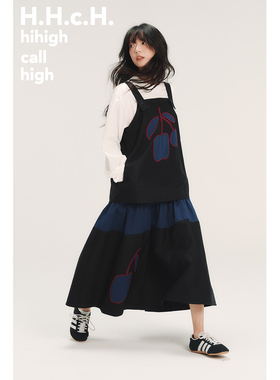 HHCH口海 AW25 原创樱桃撞色贴布绣假两件拼接长款背带连衣裙