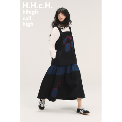HHCH口海 AW25 原创樱桃撞色贴布绣假两件拼接长款背带连衣裙