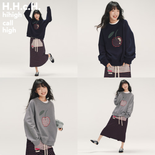 HHCH口海 SS26 条纹撞色樱桃贴布十字绣圆领插肩袖宽松卫衣