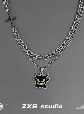 高级感黑色耿鬼双层项链男潮