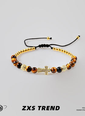 ZXS STUDIO 虎眼石金色满钻十字架手链男女嘻哈高级感钛钢手饰潮