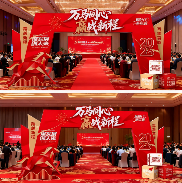 万马奔腾年会庆典背景板周年庆会场布置道具迎战新征程红色摆件