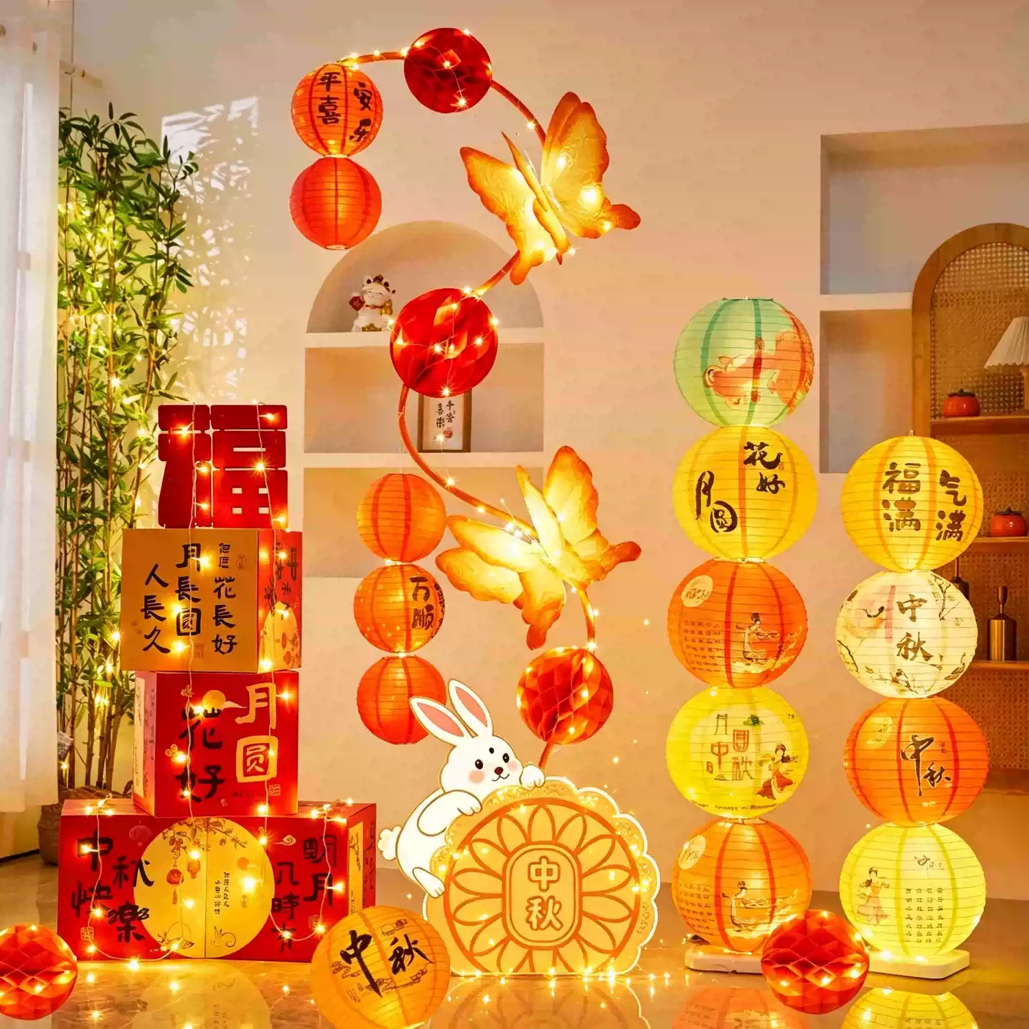中秋节装饰灯笼蝴蝶造型酒店商场珠宝店活动氛围橱窗场景布置美陈