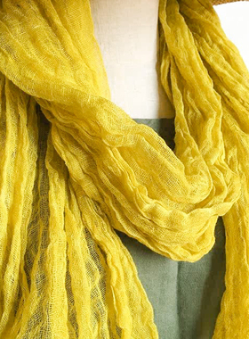 复古褶皱姜黄色亚麻围巾春夏护颈薄款文艺百搭纯色细窄丝巾围脖女