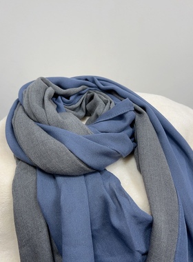 春秋文艺日系复古蓝灰色拼接围巾夏季空调护颈丝巾秋冬保暖披肩女