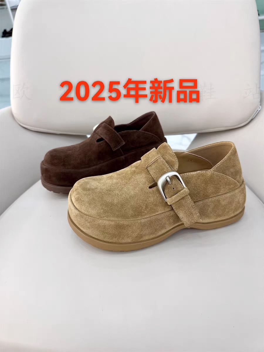2025年秋季新款真皮一脚蹬懒人休闲欧货潮流磨砂牛皮厚底勃肯鞋女