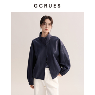 GCRUES商场同款复古皮衣短外套女26春季立领休闲夹克 G12C00172