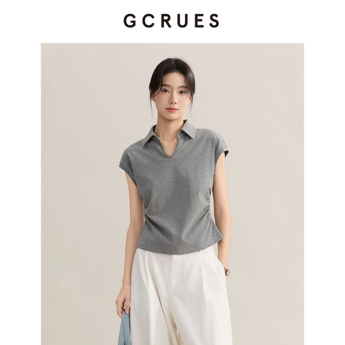 GCRUES简约翻领短款针织T恤女夏
