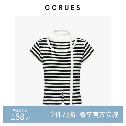 GCRUES条纹针织T恤女夏季飘带