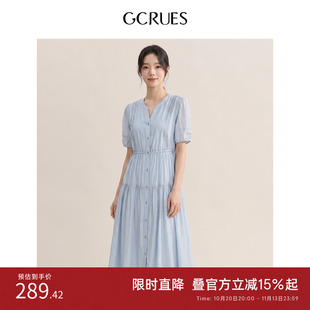 GCRUES商场同款设计感泡泡袖捏褶系带收腰短袖连衣裙G07Q08A1262
