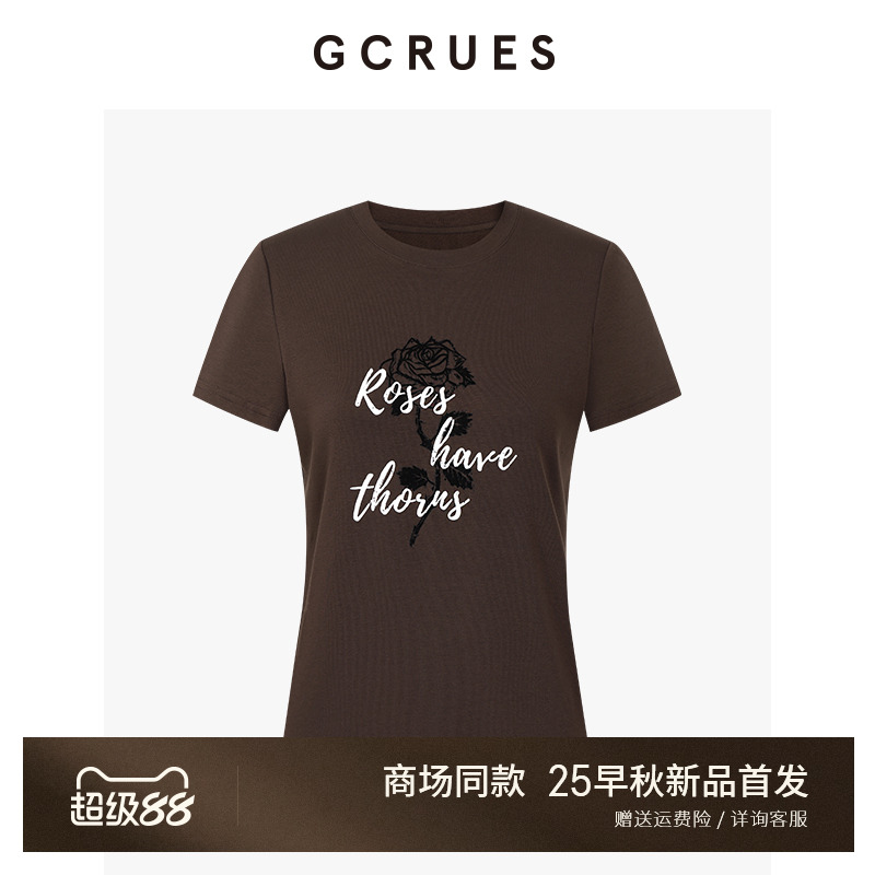 GCRUES玫瑰印花短袖T恤女秋季