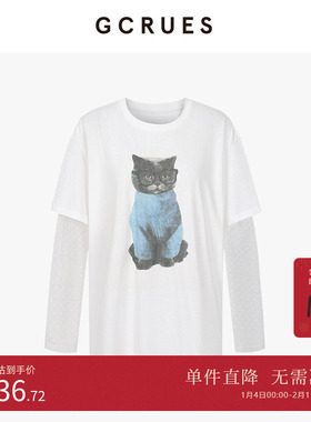 GCRUES商场同款假两件猫咪印花T恤女蕾丝拼接长袖上衣G07Q03A0462