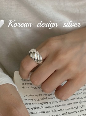 韩版重工银饰品 S925纯银牛角包宽版亮面戒指开口可调节指环女ins